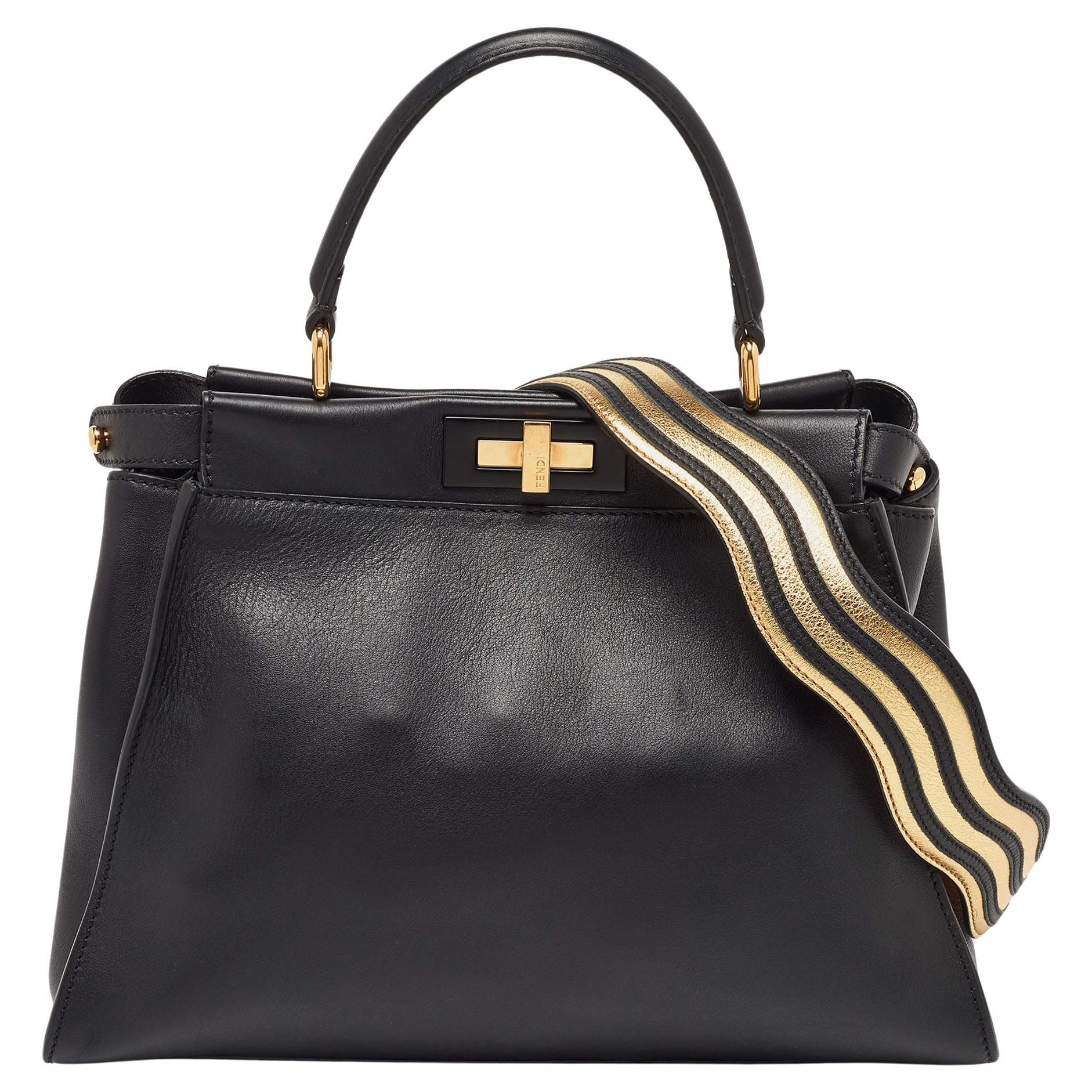 Fendi Black Leather Regular Peekaboo Top Handle Bag For Sale