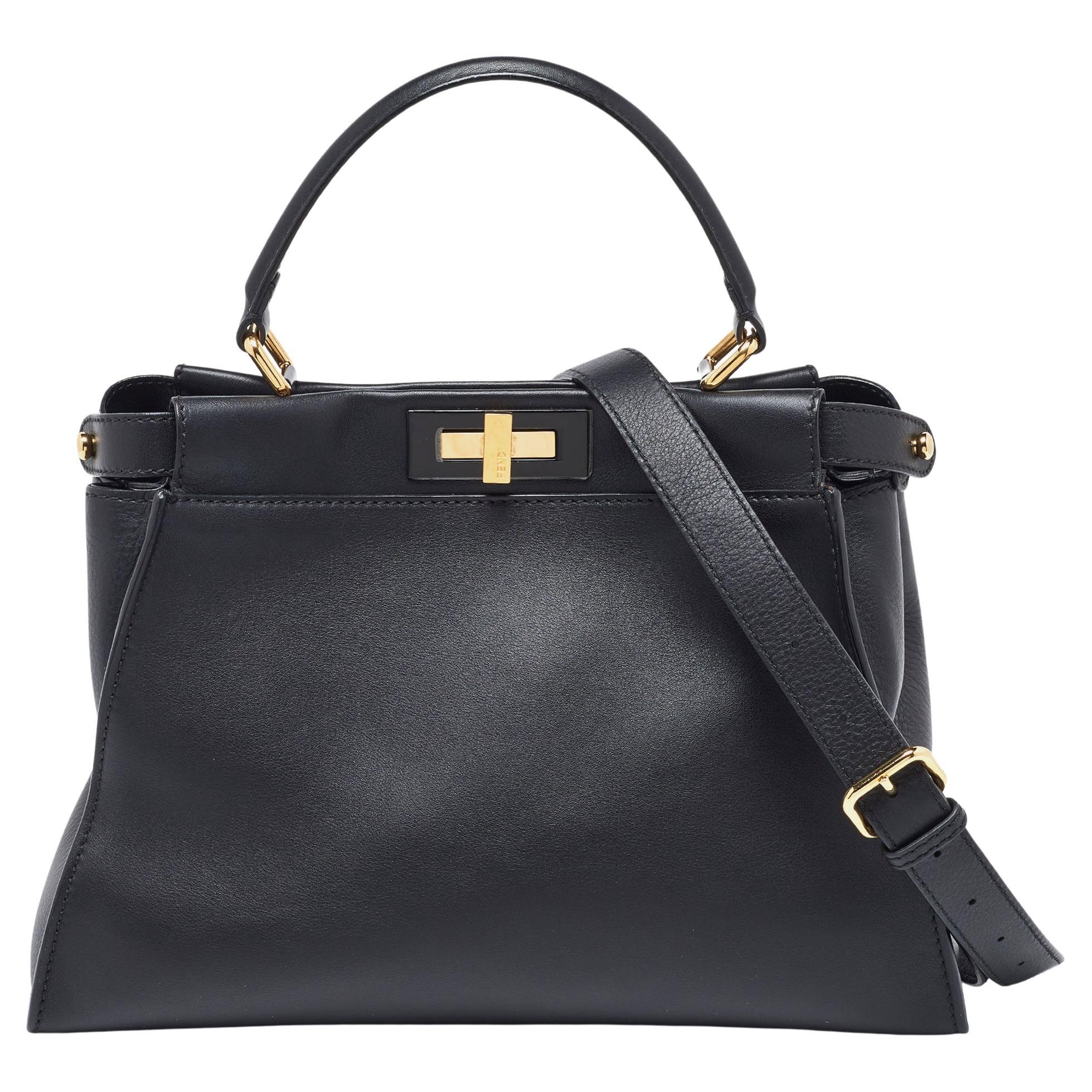 Fendi Black Leather Regular Peekaboo Top Handle Bag For Sale
