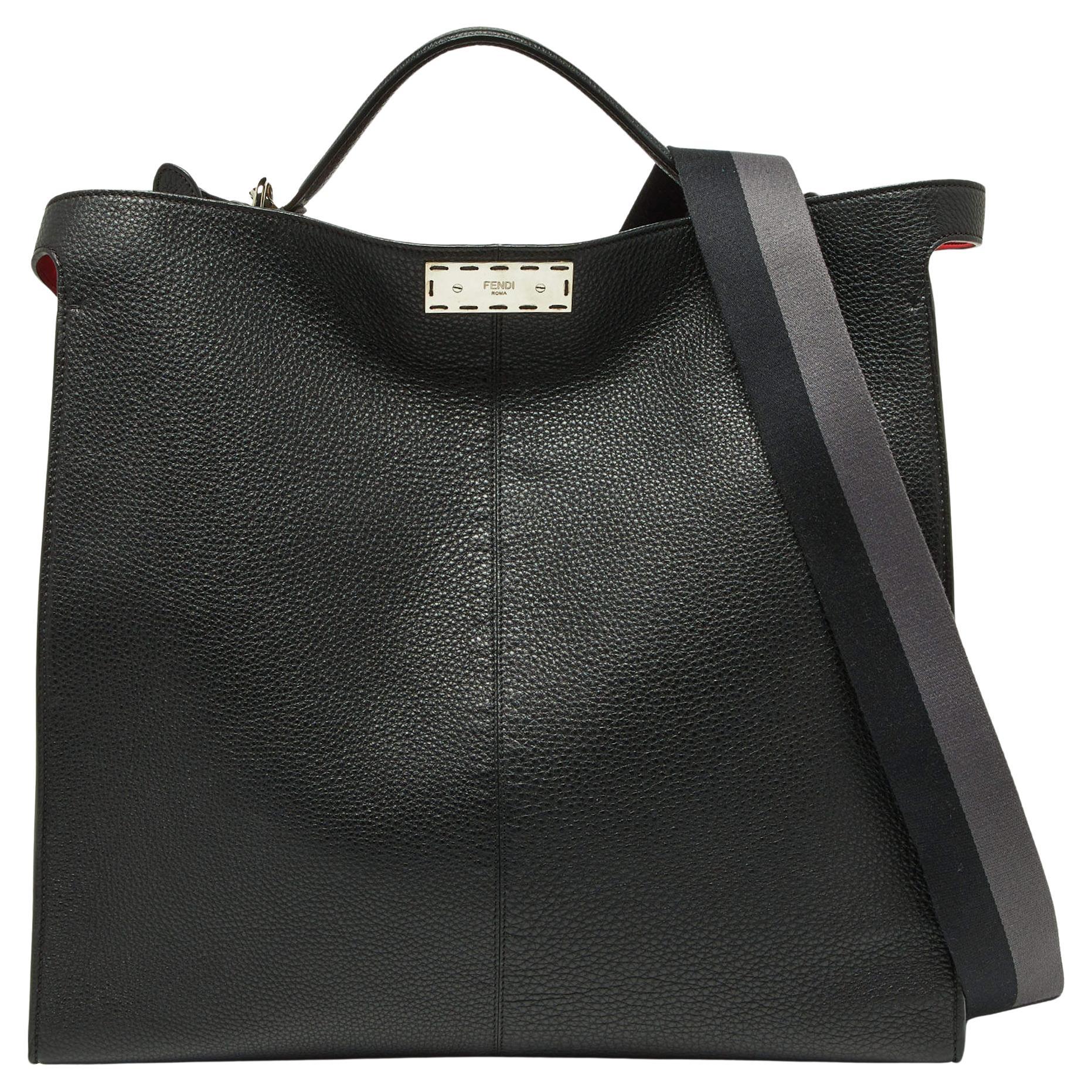 Fendi Black Leather Regular Peekaboo X Lite Top Handle Bag For Sale
