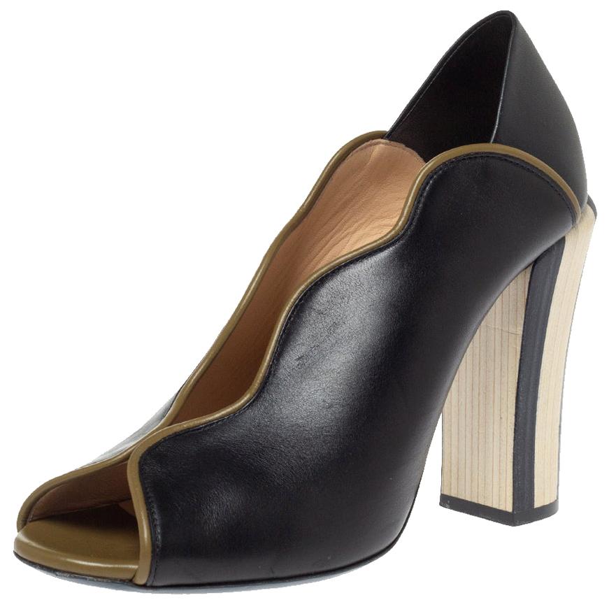 Fendi Black Leather Scallop Trim Open Toe Pumps Size 39