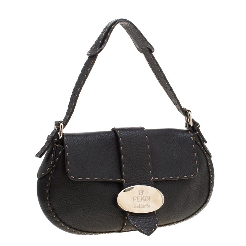 Women's Fendi Black Leather Selleria Shoulder Bag