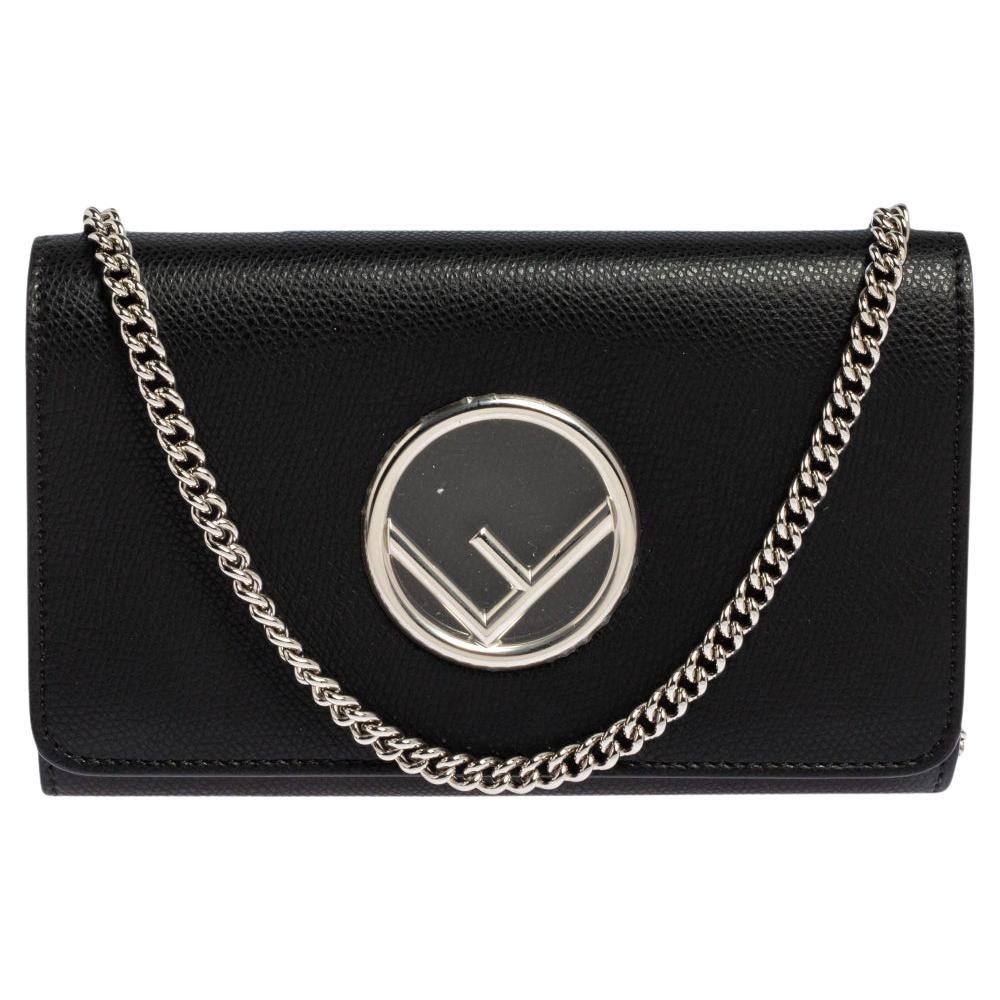 Fendi Black Leather Small Divisa F Wallet On Chain Clutch