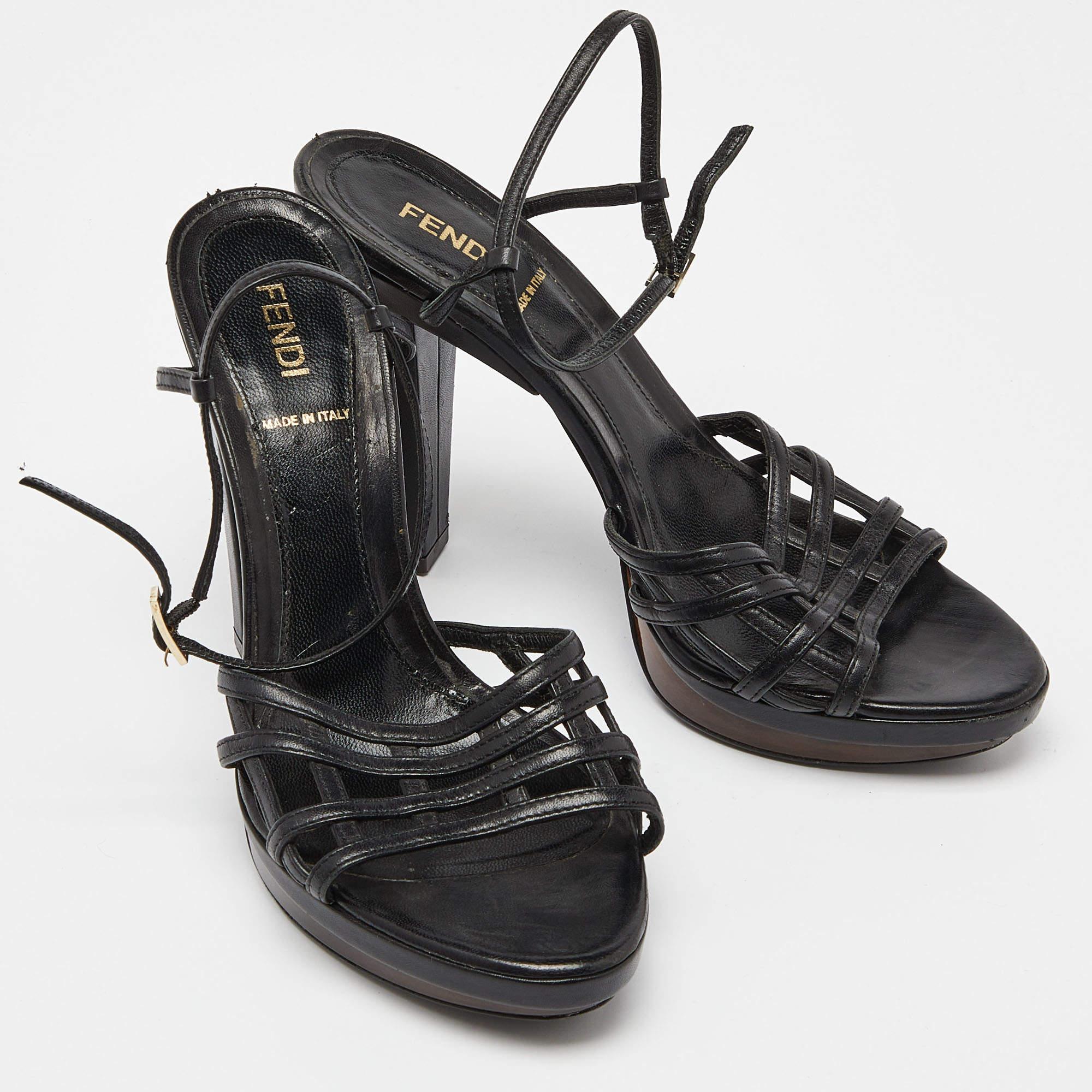 Women's Fendi Black Leather Strappy Platform Sandals Size 38 For Sale