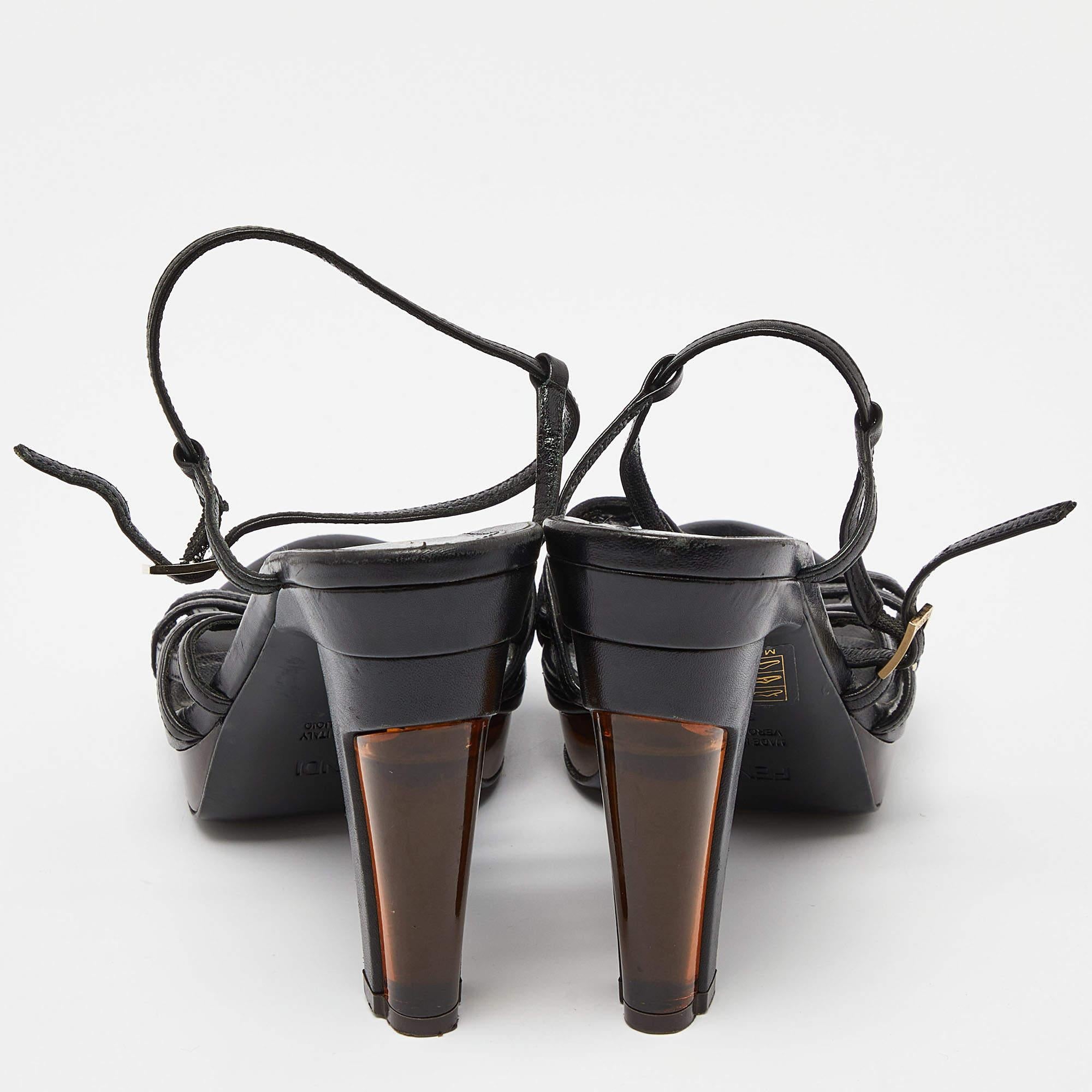 Fendi Black Leather Strappy Platform Sandals Size 38 For Sale 1