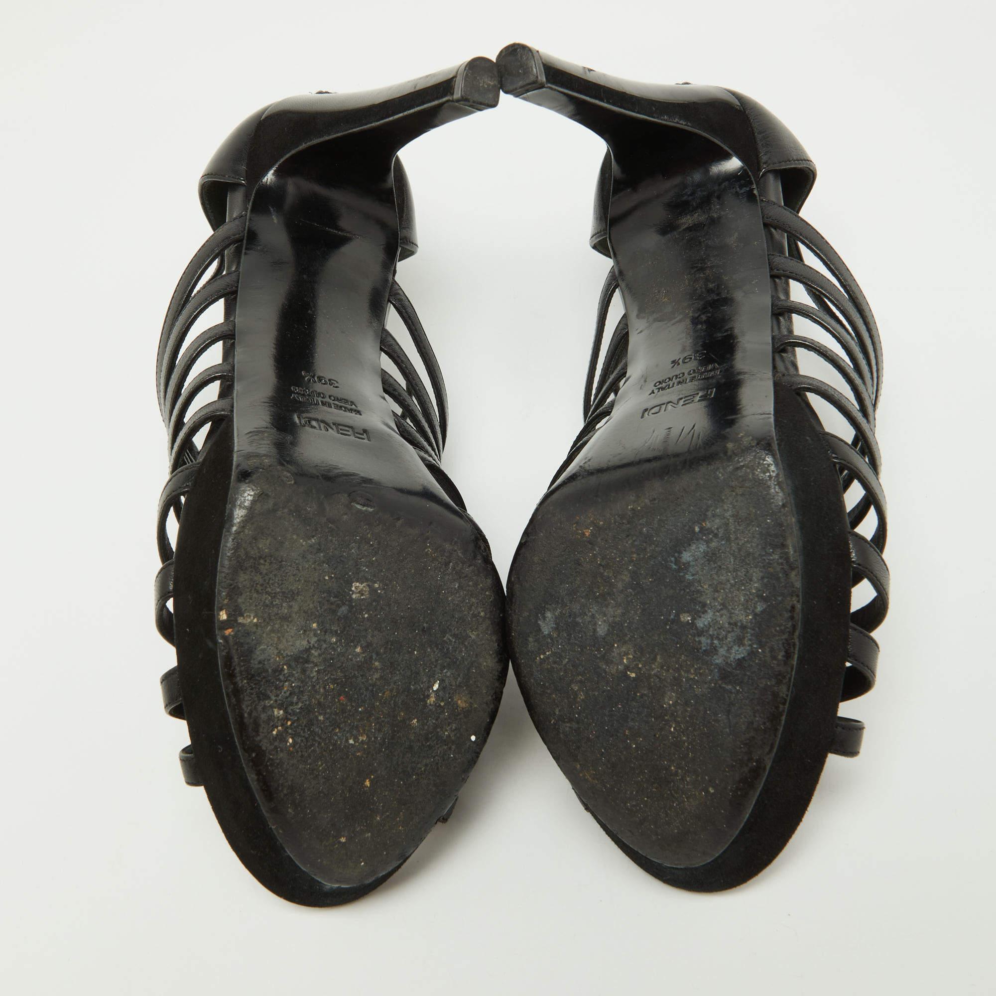Women's Fendi Black Leather Strappy Platform Sandals Size 39.5 For Sale