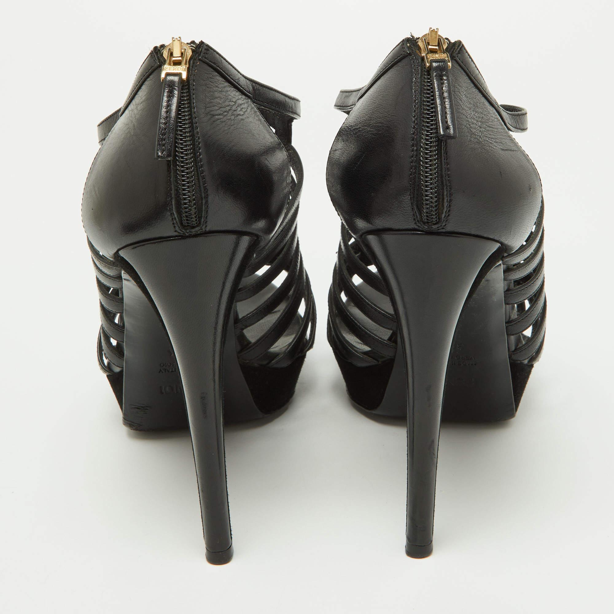 Fendi Black Leather Strappy Platform Sandals Size 39.5 For Sale 1