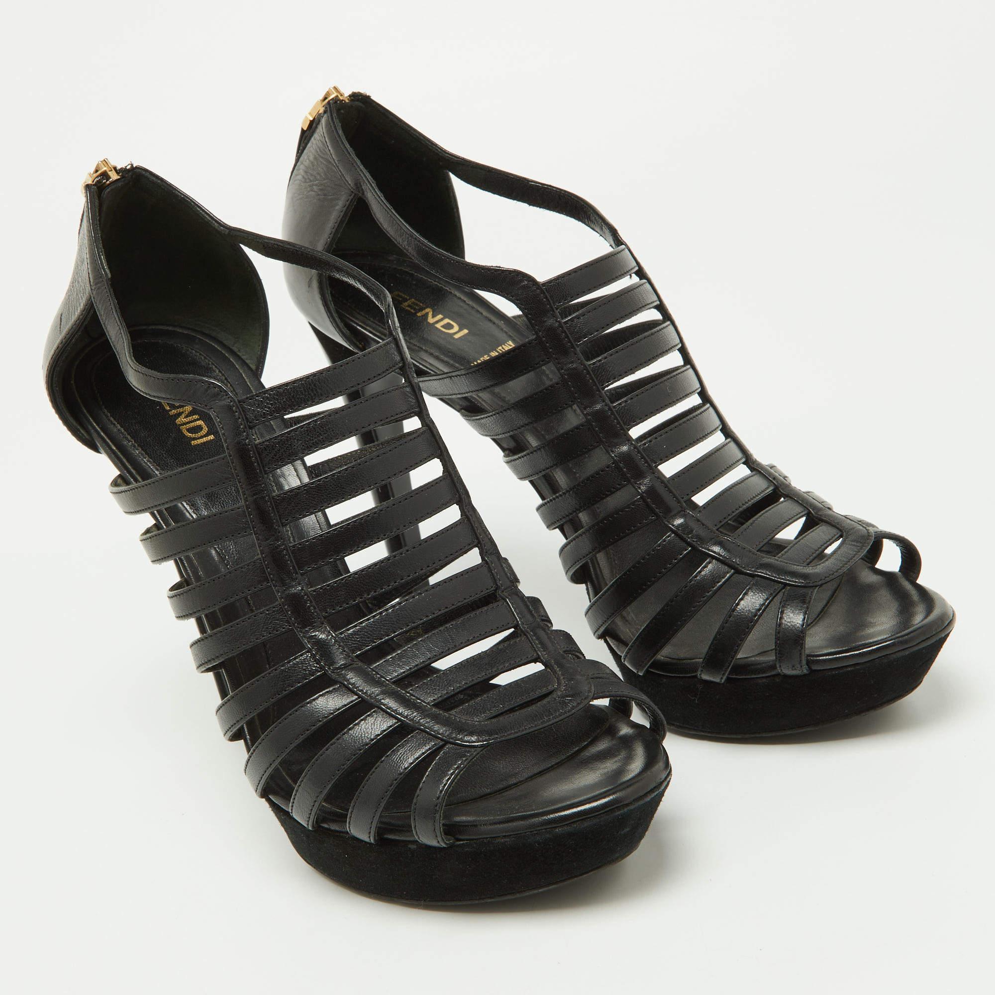 Fendi Black Leather Strappy Platform Sandals Size 39.5 For Sale 2