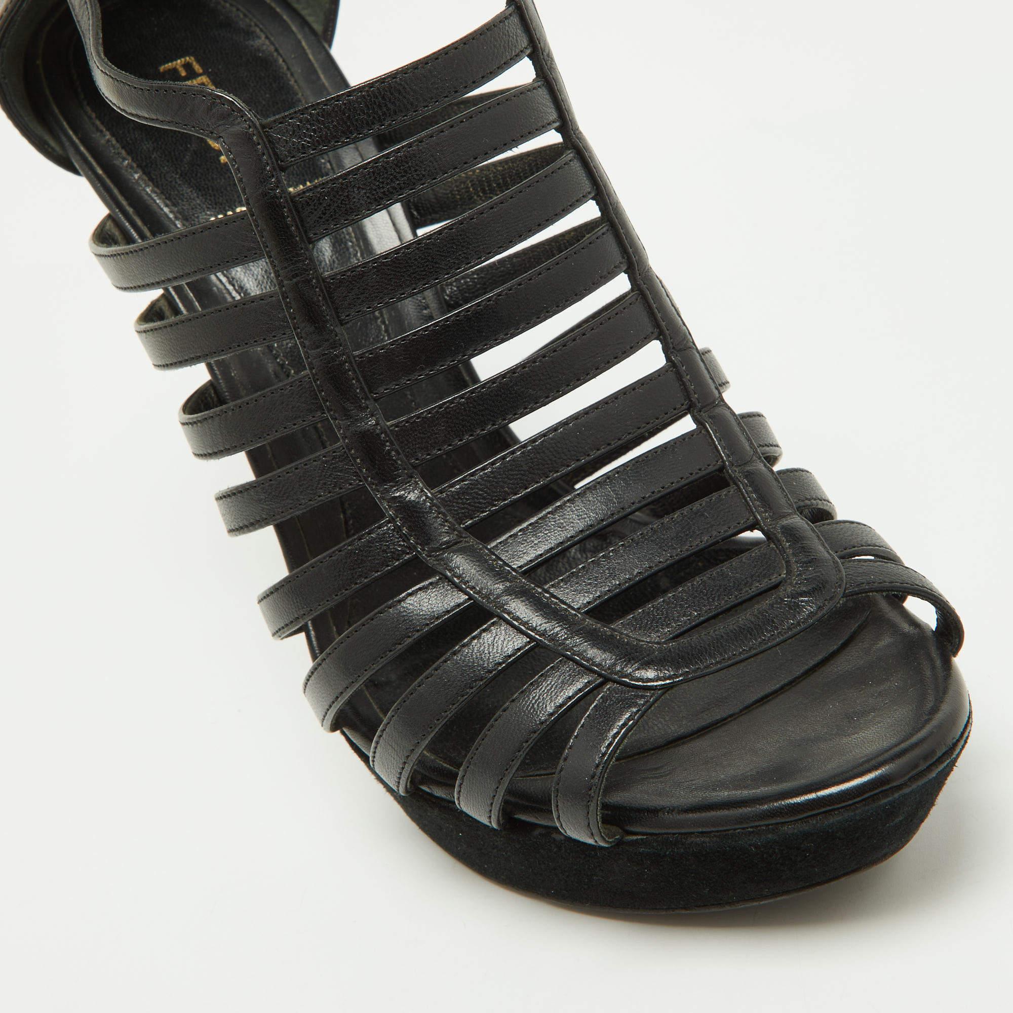 Fendi Black Leather Strappy Platform Sandals Size 39.5 For Sale 3