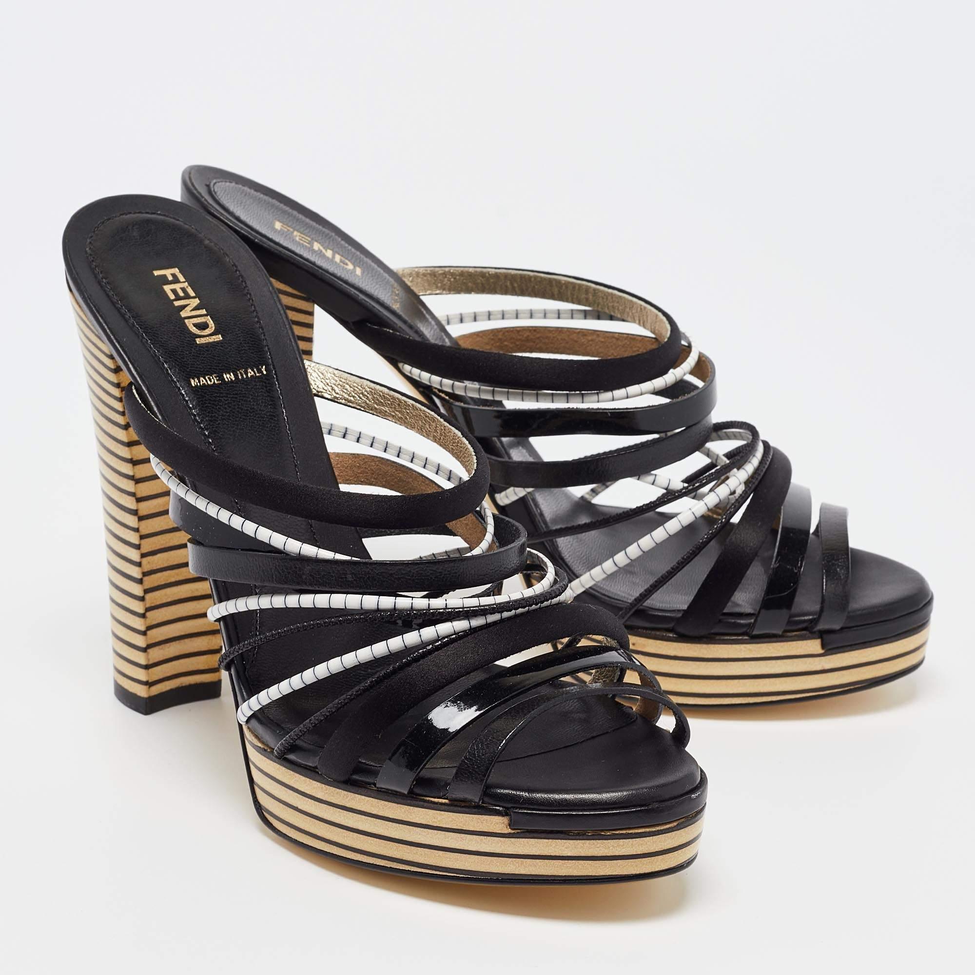 Women's Fendi Black Leather Strappy Platform Slide Sandals Size 39 For Sale