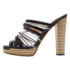 Fendi Black Leather Strappy Platform Slide Sandals Size 39