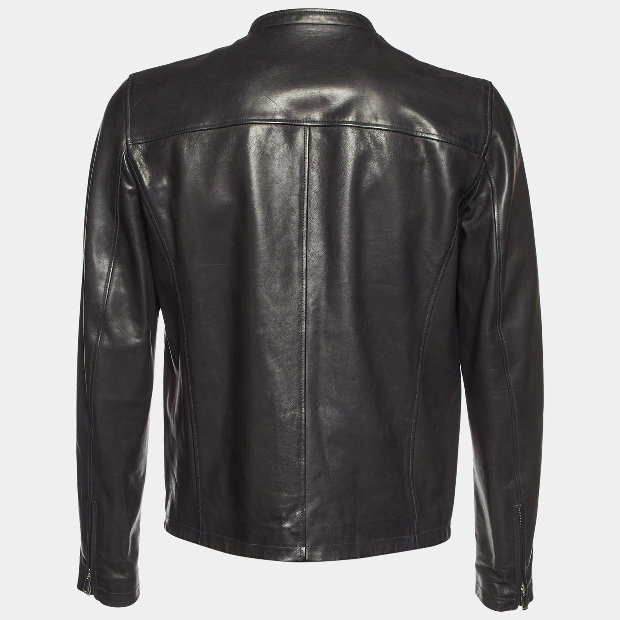 Smart  sturdy  and stylish  this Biker jacket from the House of Fendi will add a trendy touch to all your sporty looks It is designed from black leather. It flaunts a zip front feature  long sleeves  and two external pockets. Wear this stunning