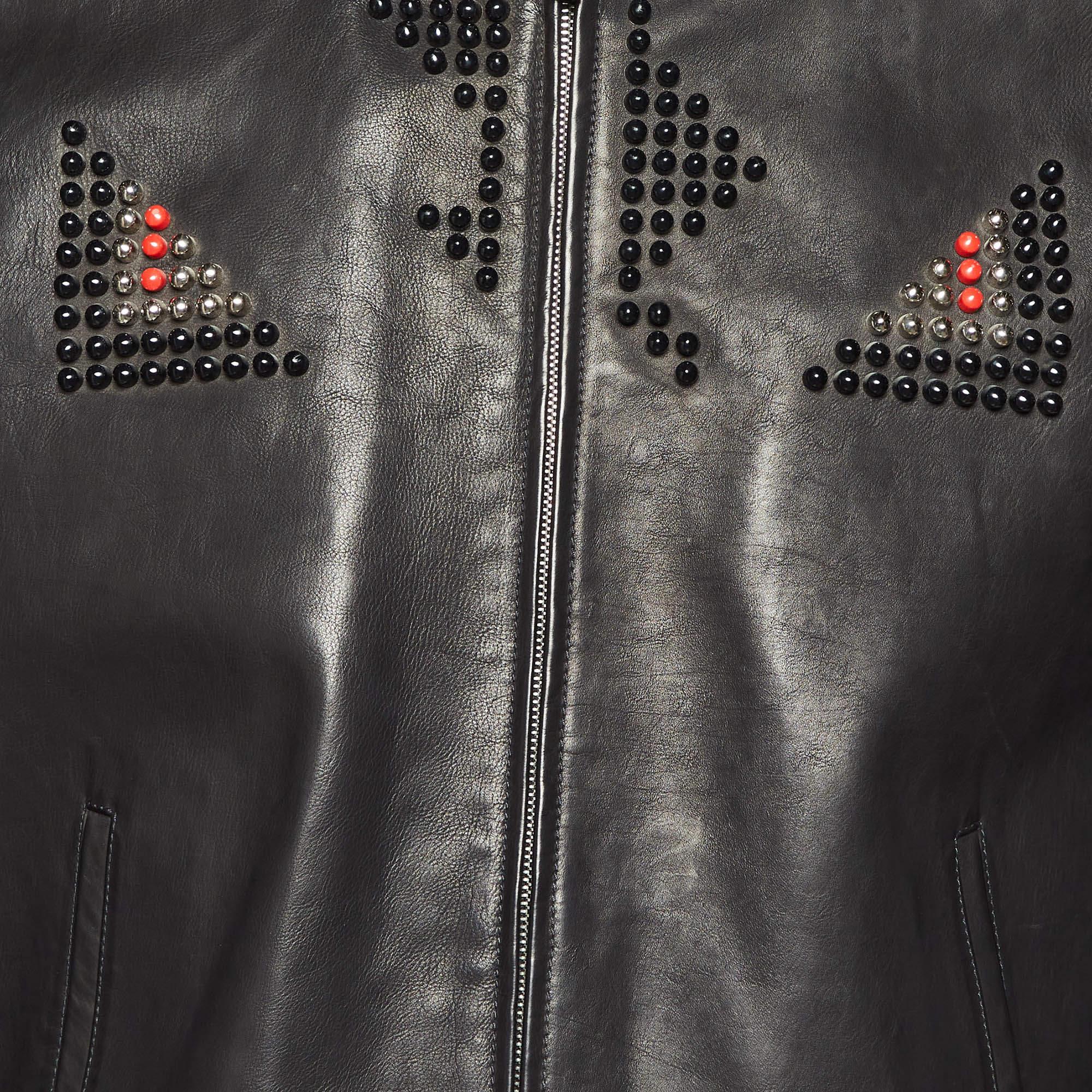 Fendi Black Leather Studded Biker Jacket L In Good Condition For Sale In Dubai, Al Qouz 2