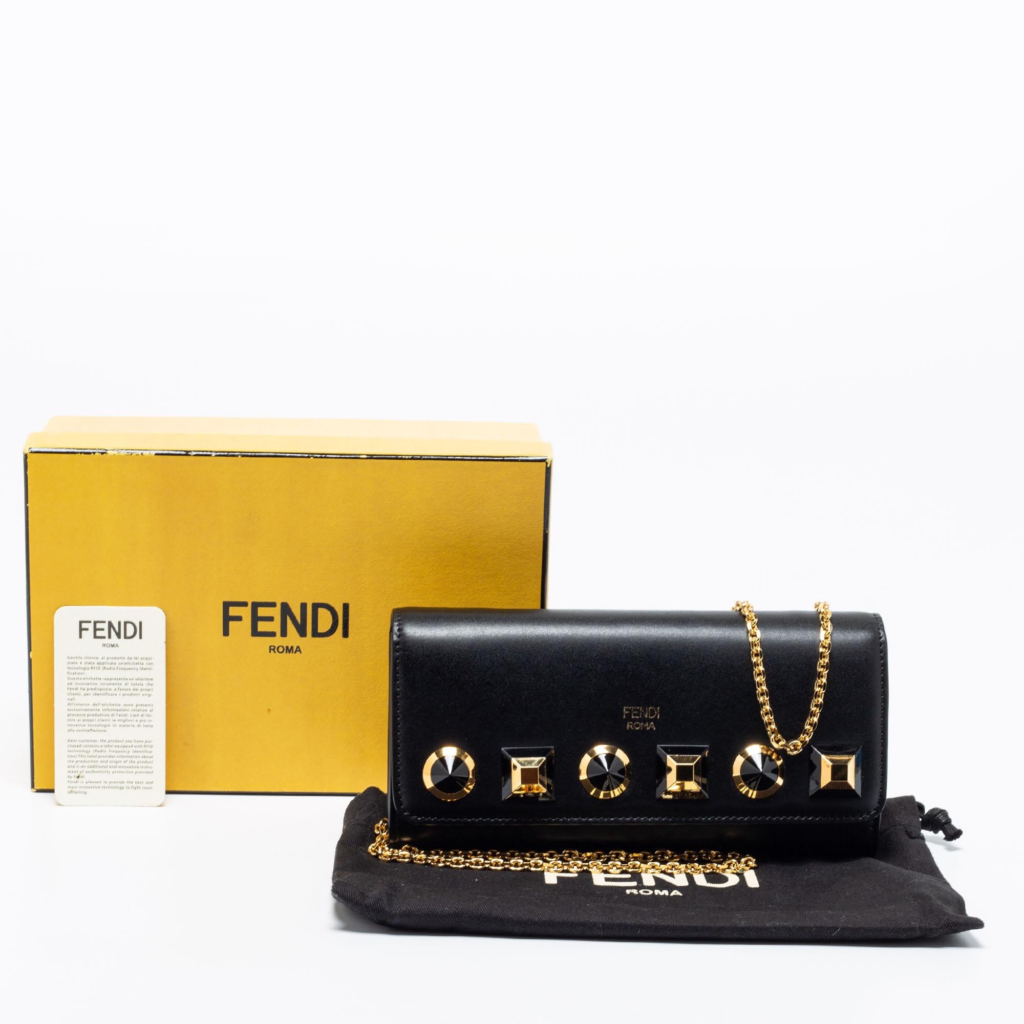Fendi Black Leather Studded Flap Wallet On Chain 9