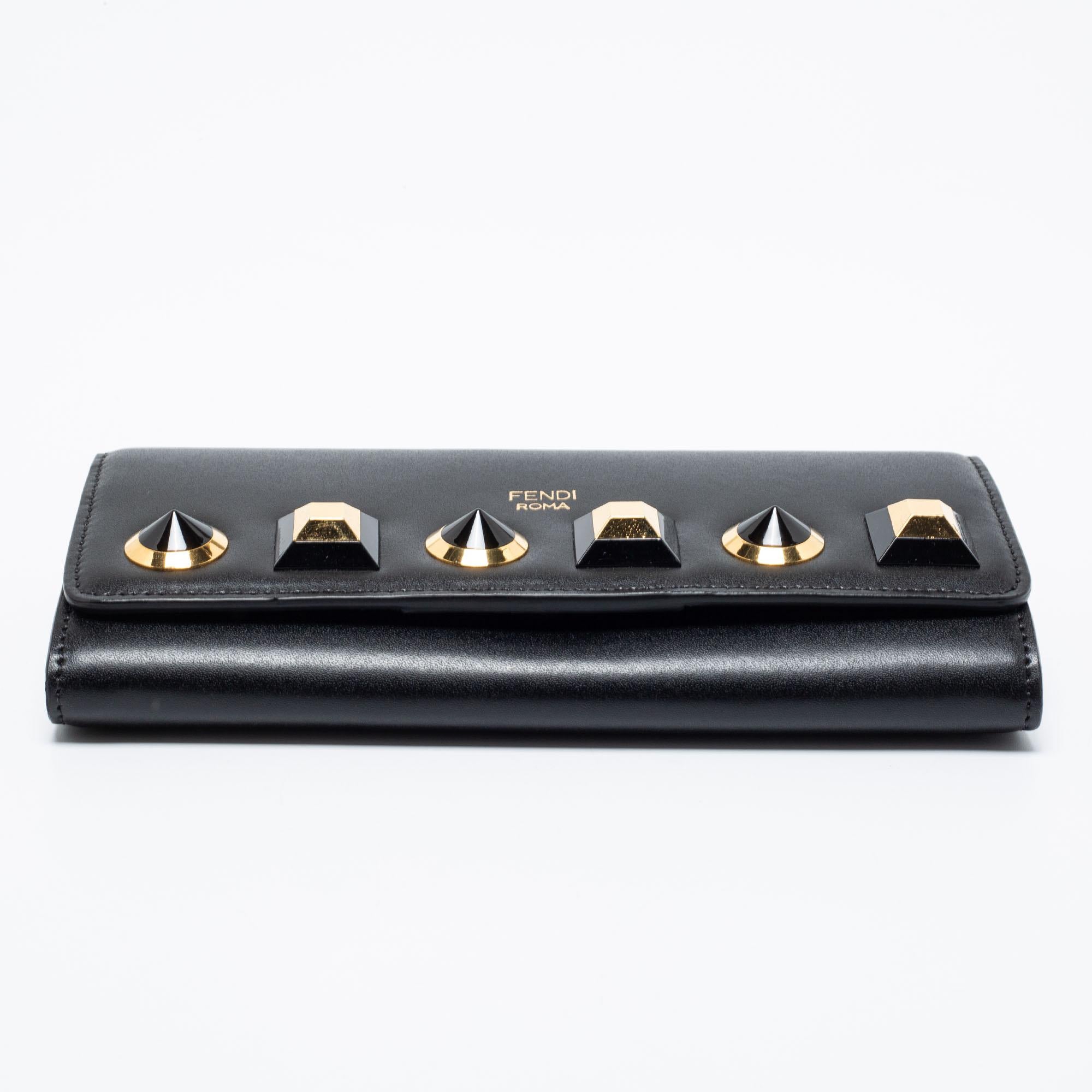 Women's Fendi Black Leather Studded Flap Wallet On Chain