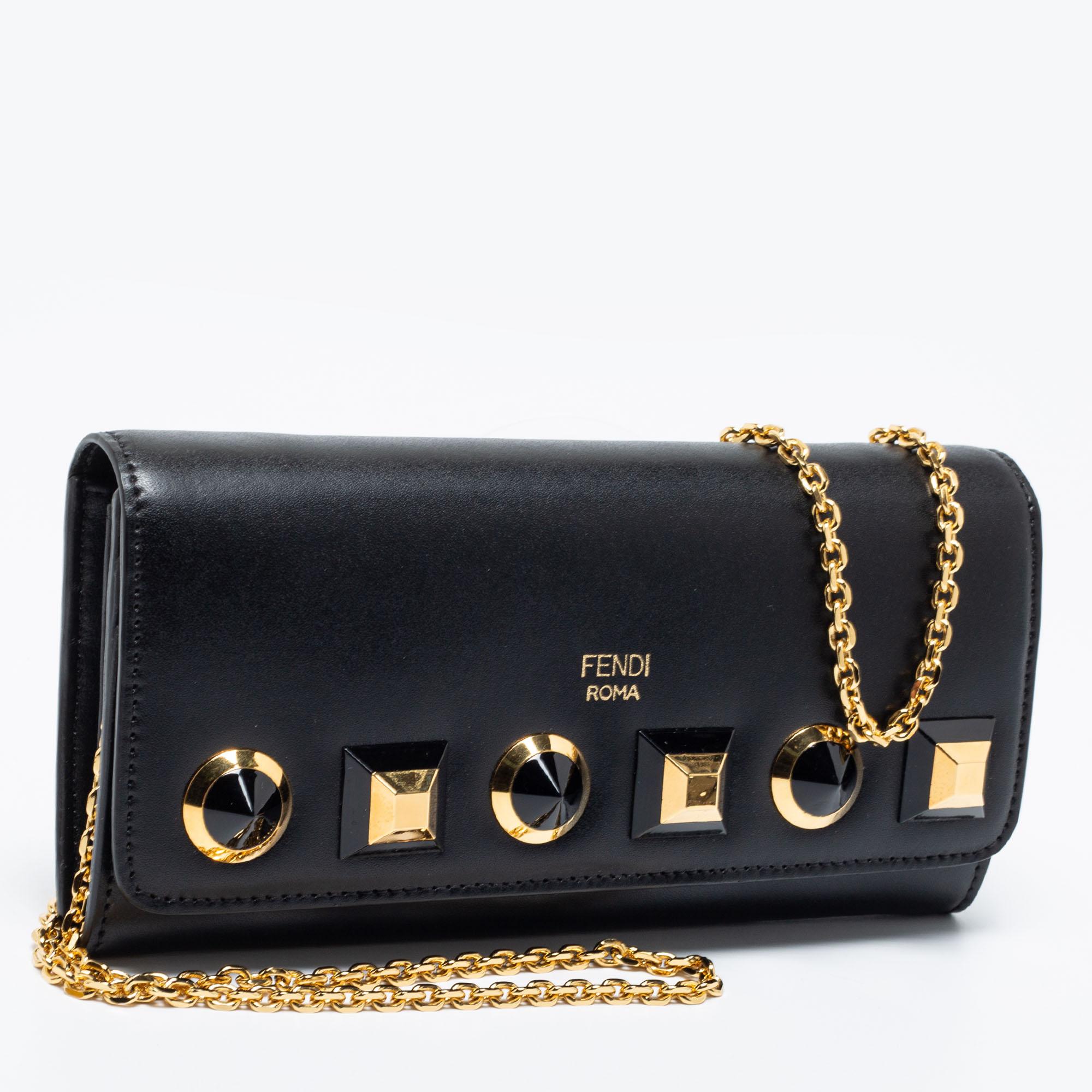 Fendi Black Leather Studded Flap Wallet On Chain 2