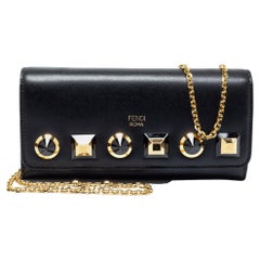 Fendi Black Leather Studded Flap Wallet On Chain