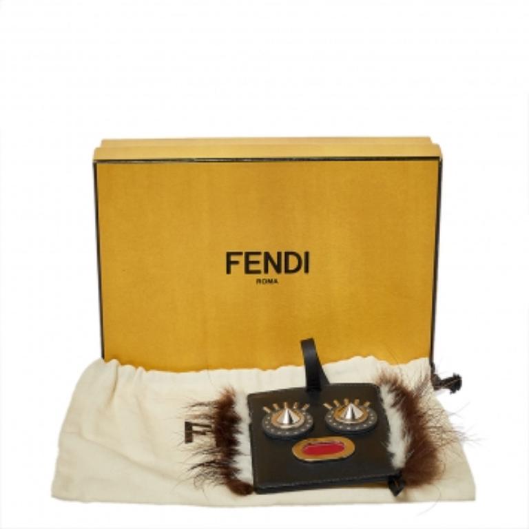 Fendi Black Leather Studded Monster Luggage Charm For Sale 4