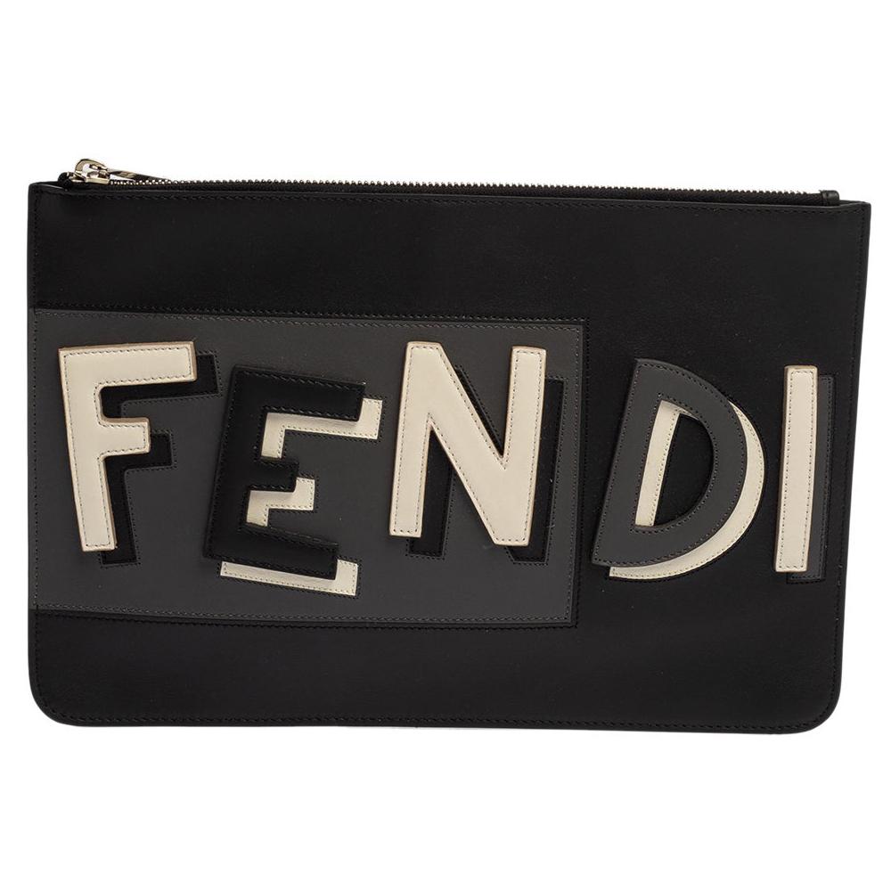 Fendi Black Leather Vocabulary 3D Logo Zip Pouch