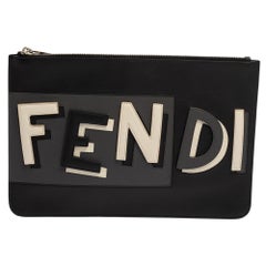 Fendi Black Leather Vocabulary 3D Logo Zip Pouch