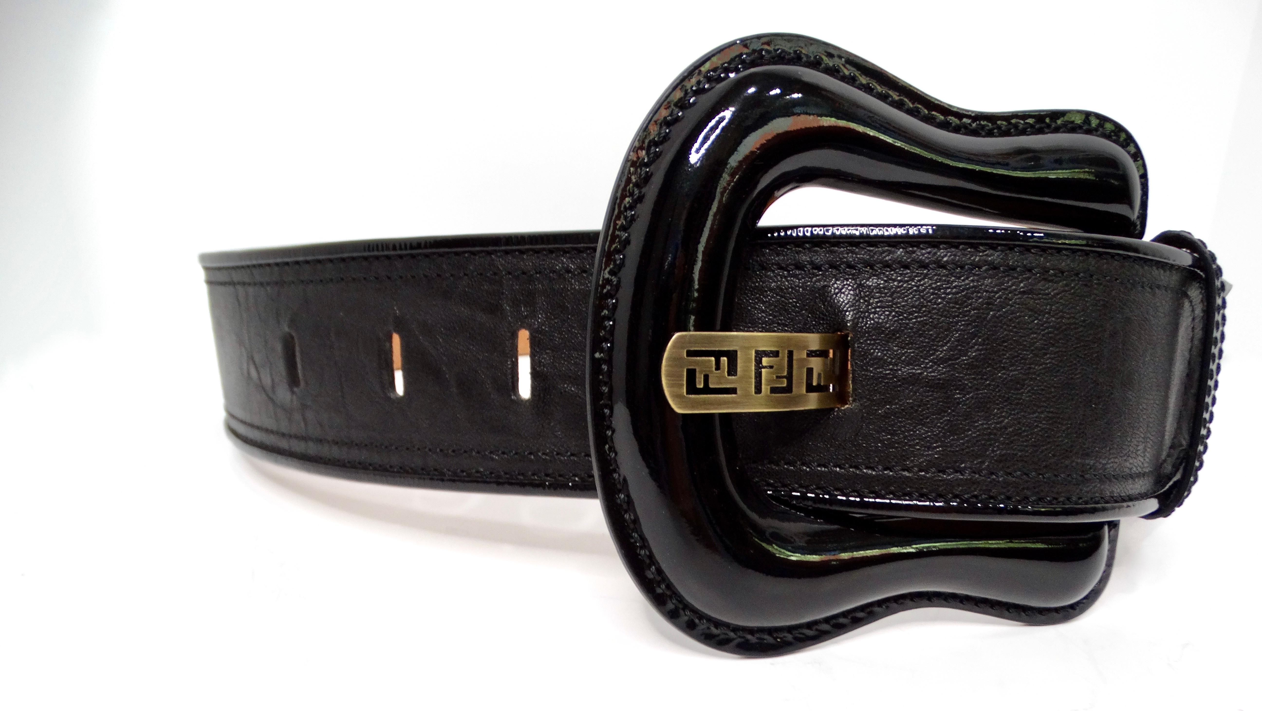 Fendi Black Leather Waist Belt With Chunky Patent Leather Buckle In Good Condition For Sale In Scottsdale, AZ