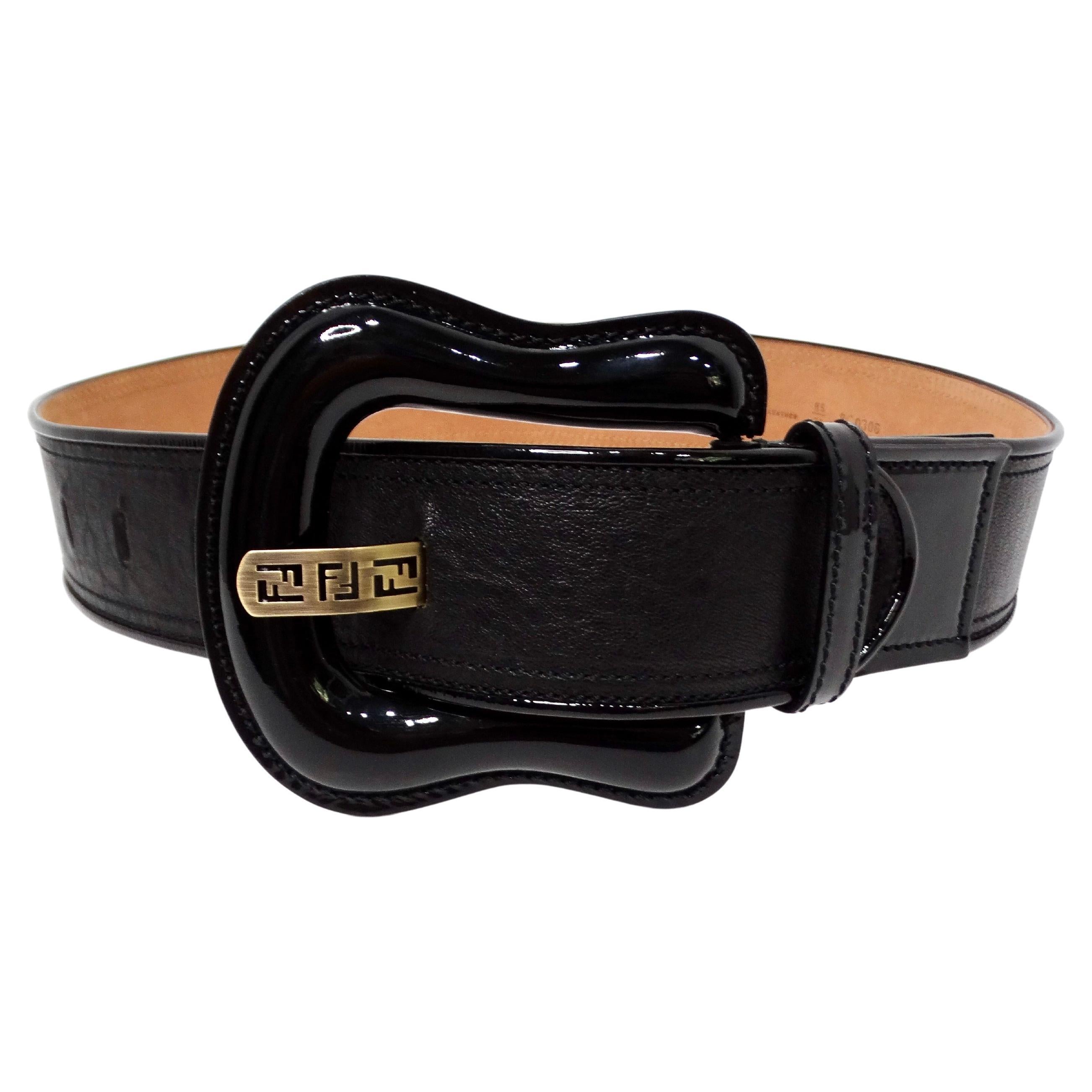 Fendi Black Leather Waist Belt With Chunky Patent Leather Buckle For Sale