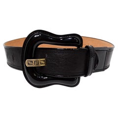 Fendi Black Leather Waist Belt With Chunky Patent Leather Buckle