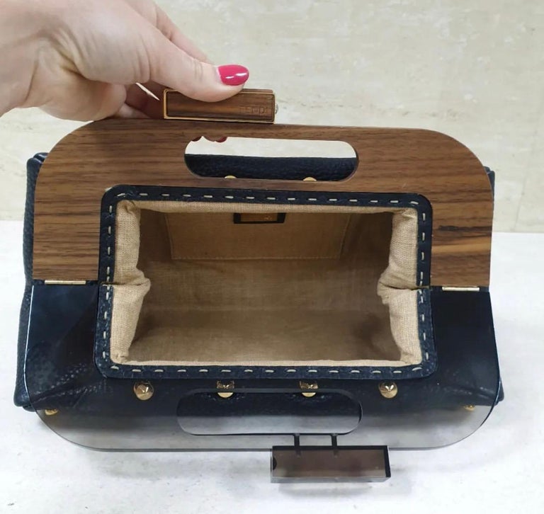 Fendi Black Leather Walnut Wood Handle Clutch Bag For Sale at 1stDibs