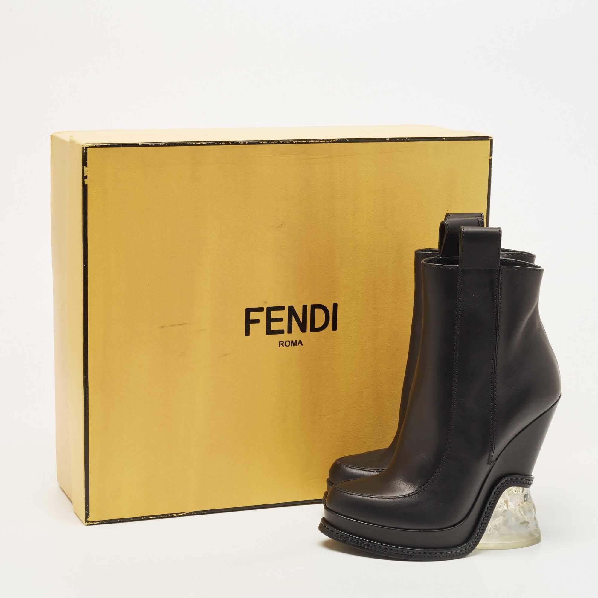 Fendi Black Leather Wedge Ankle Booties Size 36 5