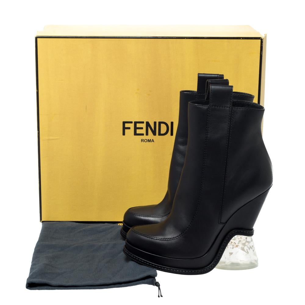 Fendi Black Leather Wedge Lucite Heel Platform Boots Size 40 1
