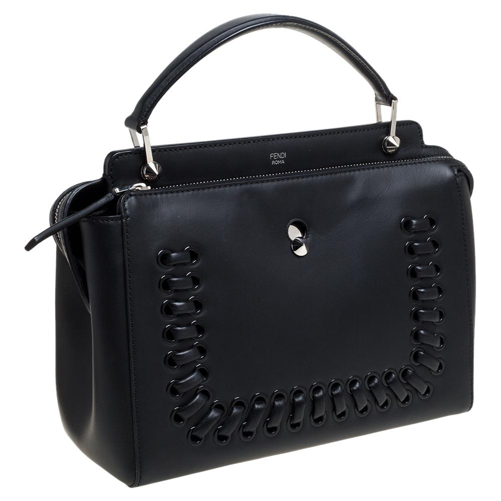 Fendi Black Leather Whipstitch Dotcom Top Handle Bag In Good Condition In Dubai, Al Qouz 2
