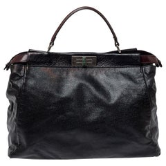 Fendi Black Leather With Suede And Beaded Lining Large Peekaboo Top Handle Bag