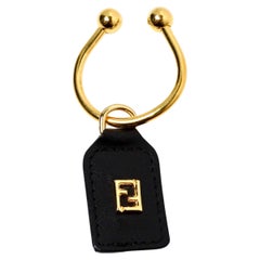 Fendi Black Leather & Yellow Gold-Tone Logo Keychain
