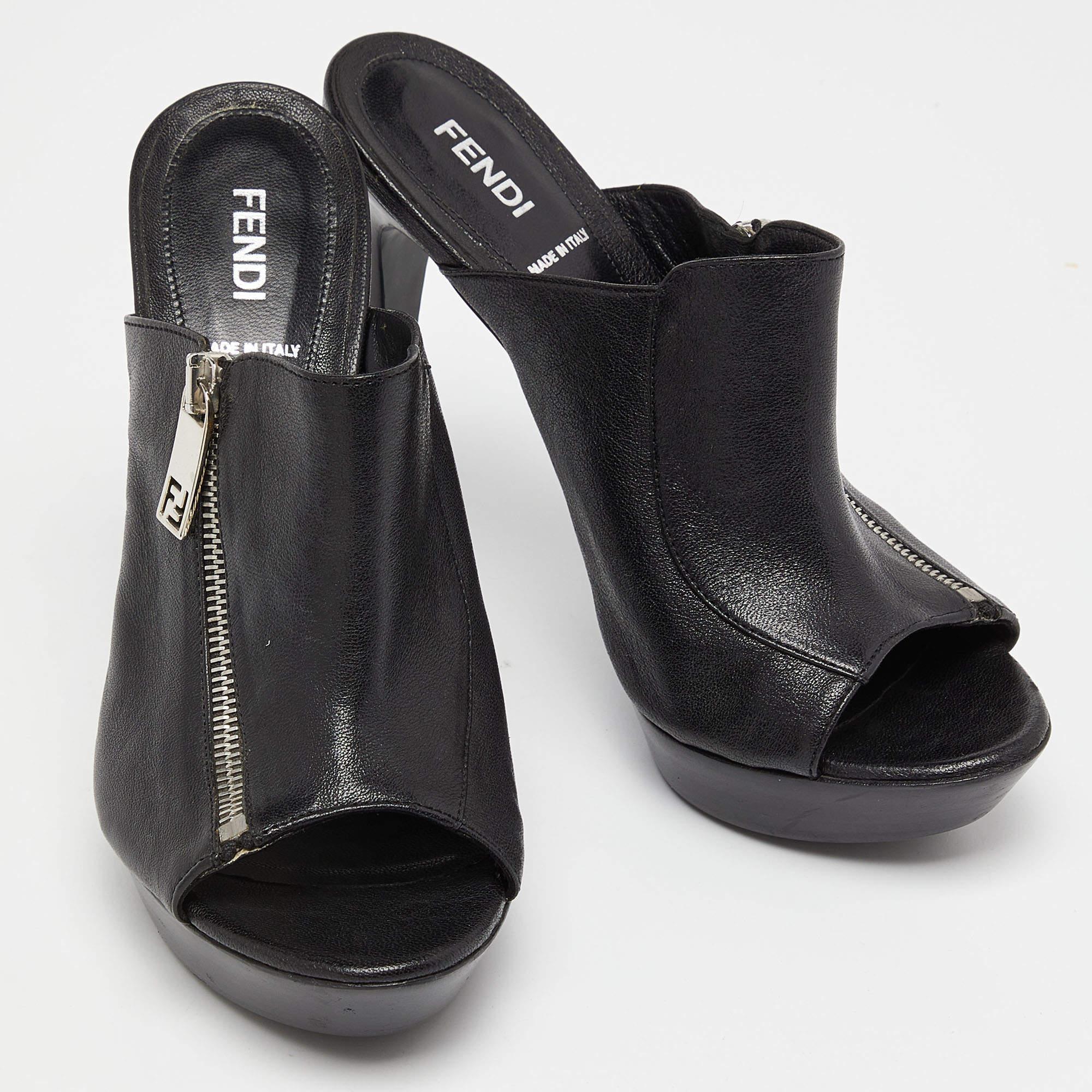 Fendi Black Leather Zipped Heel Mule Size 39.5 1