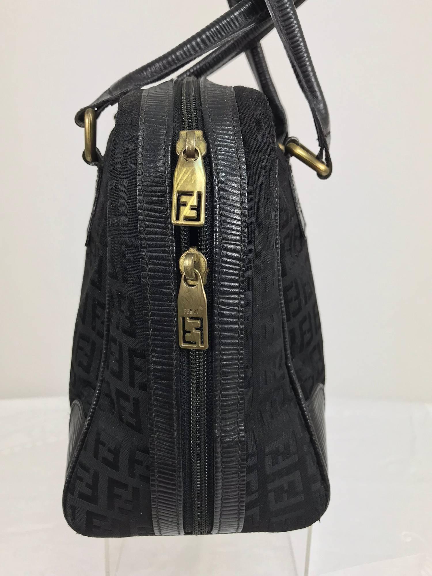 Fendi black logo canvas and leather handbag 1970s In Excellent Condition In West Palm Beach, FL