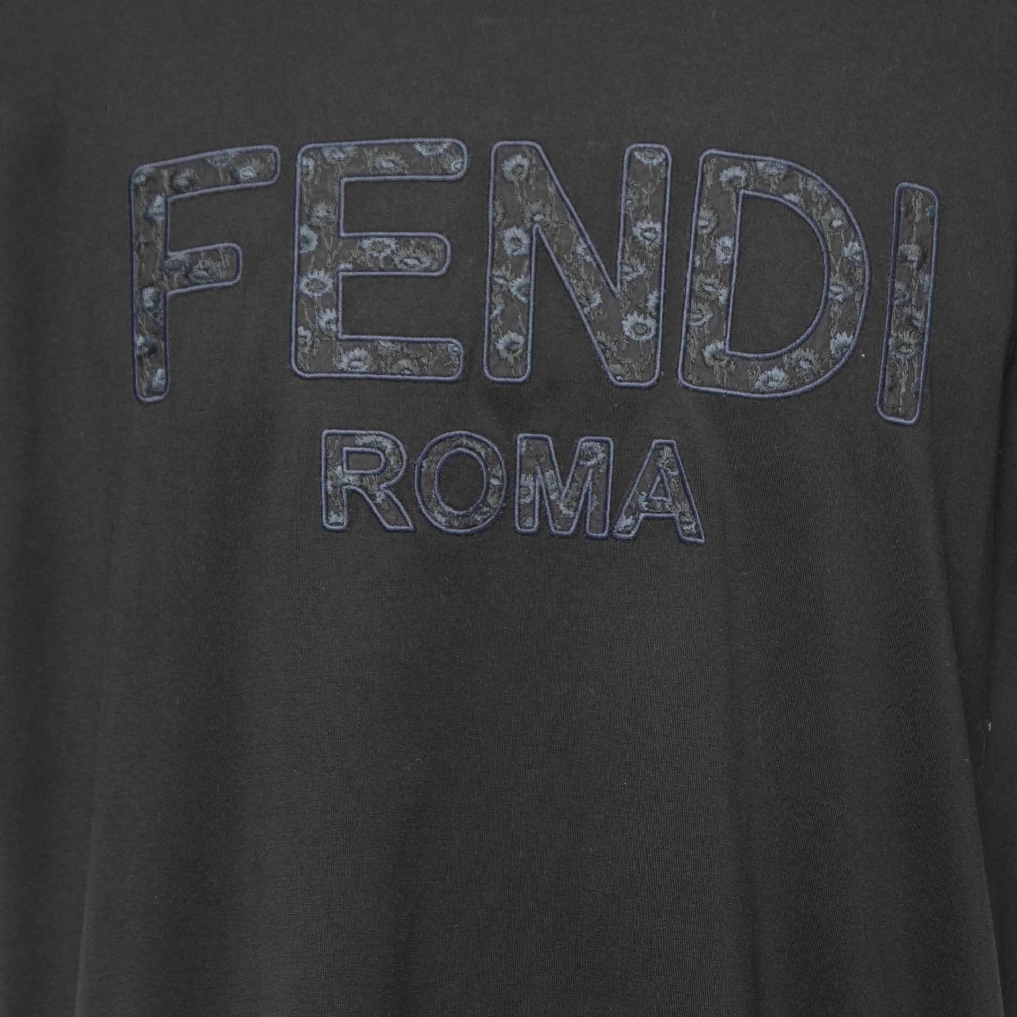 Fendi Black Logo Embroidered Cotton Half Sleeve T-Shirt XXL In Good Condition In Dubai, Al Qouz 2