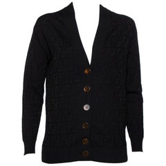 Fendi Black Logo Intasia Knit Button Front V-Neck Cardigan XS
