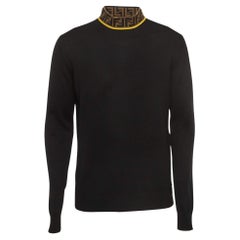 Fendi Schwarzes Logo-Motiv Wolle Rollkragenpullover M