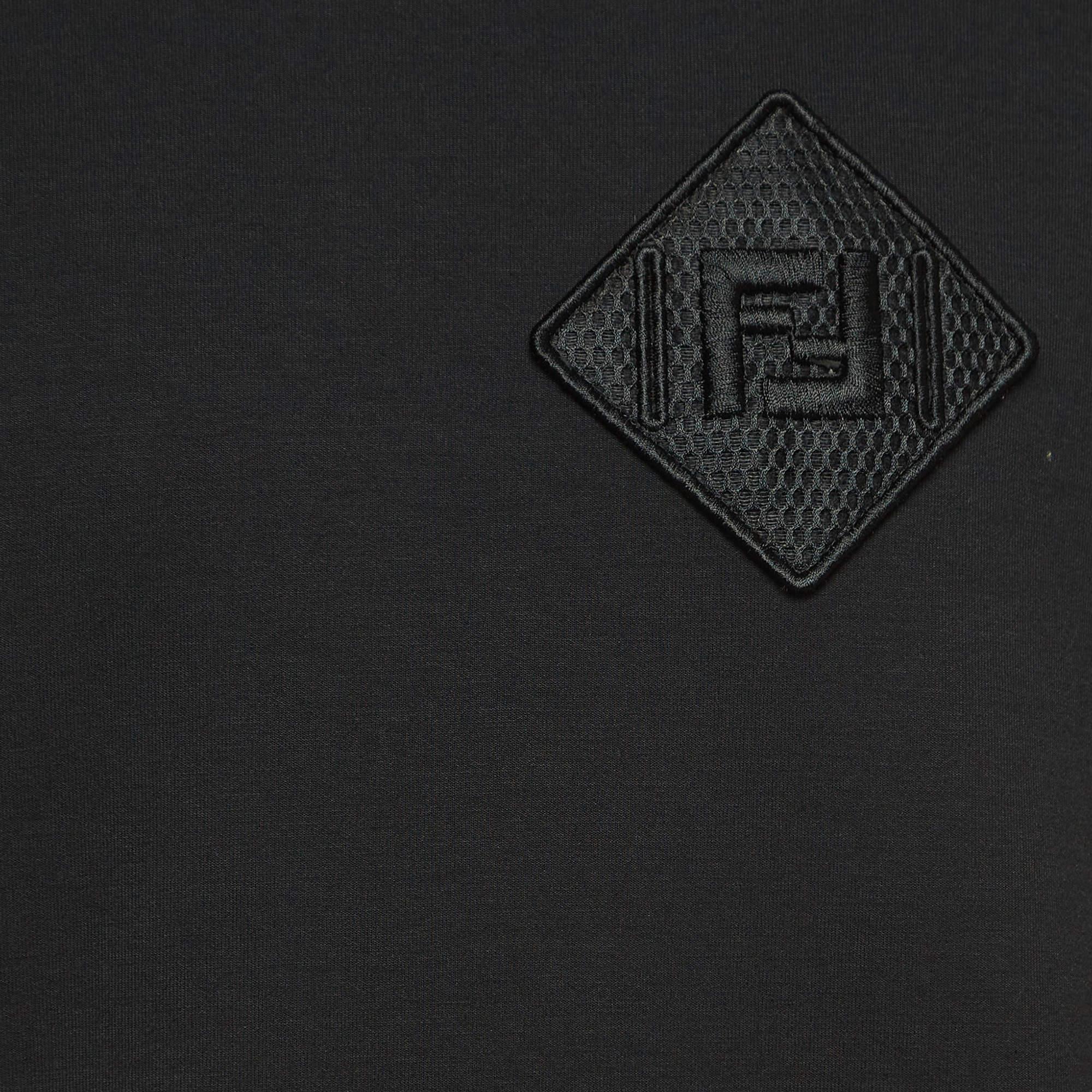 Fendi Black Logo Patch Cotton Knit Zipper Detail Sleeve Sweater L In Good Condition In Dubai, Al Qouz 2