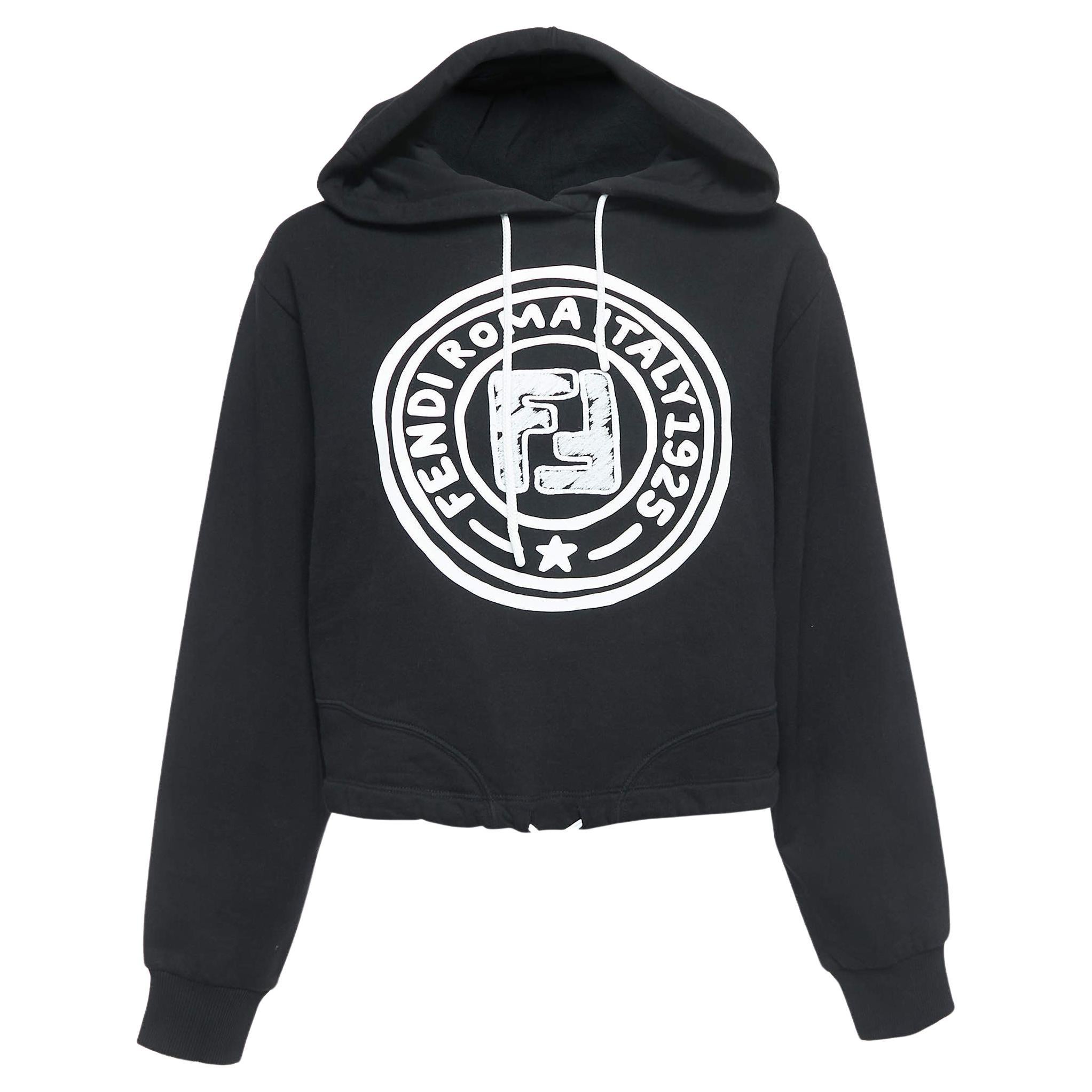 Fendi Black Logo Print Cotton Hoodie XS For Sale
