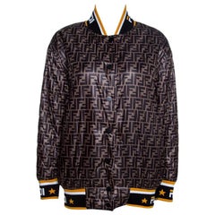 Fendi Black Logo Print Silk Reversible Quilted Bomber Jacket S