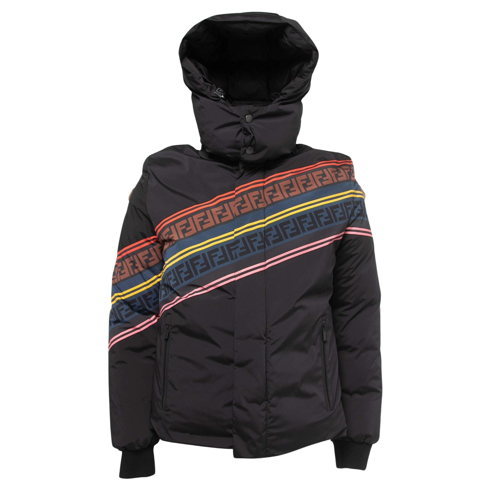 Fendi Black Logo Printed Nylon Hooded Down Jacket