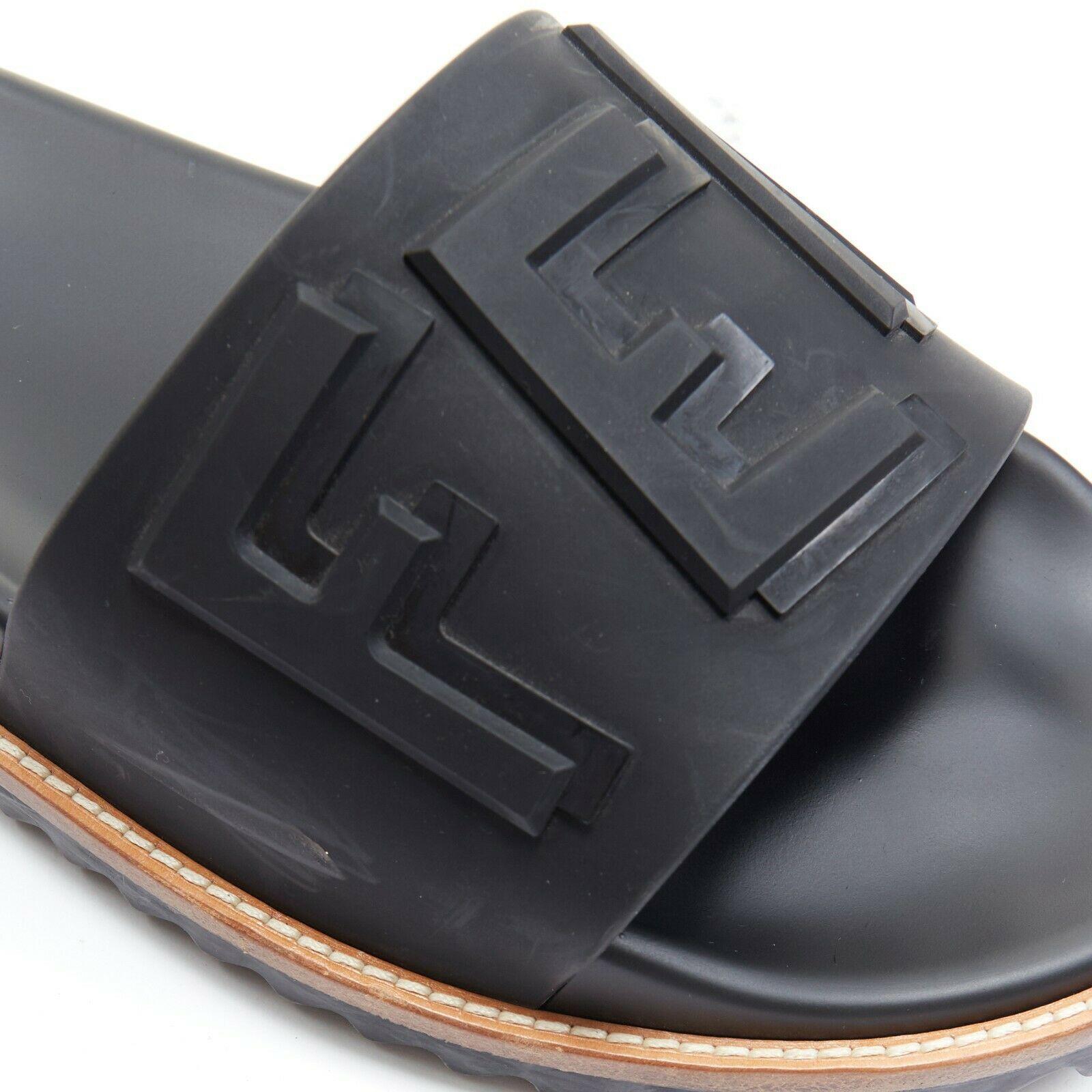 FENDI black logomania deboss branding rubber thick strap ridged sole slides EU43 5