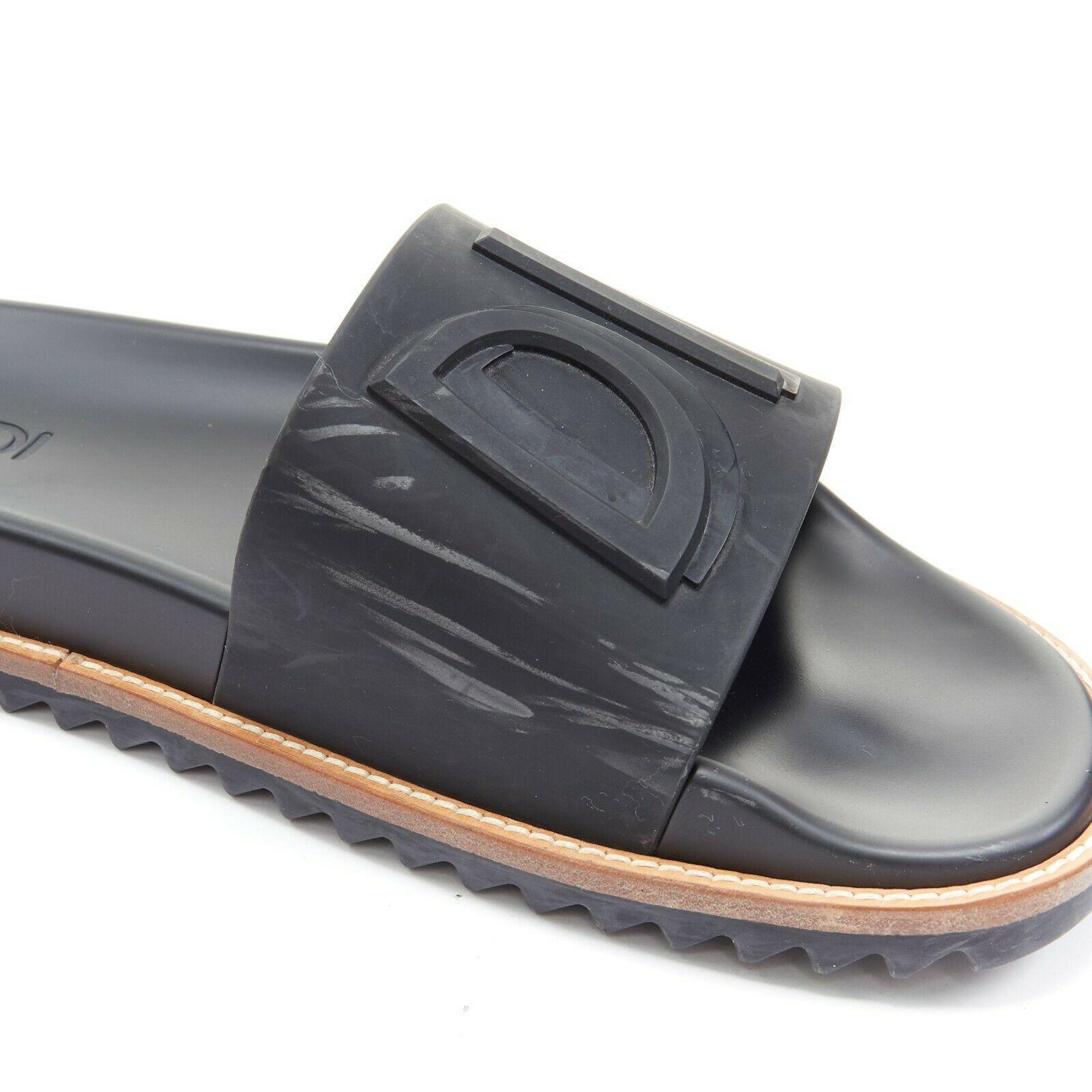 FENDI black logomania deboss branding rubber thick strap ridged sole slides EU43 6