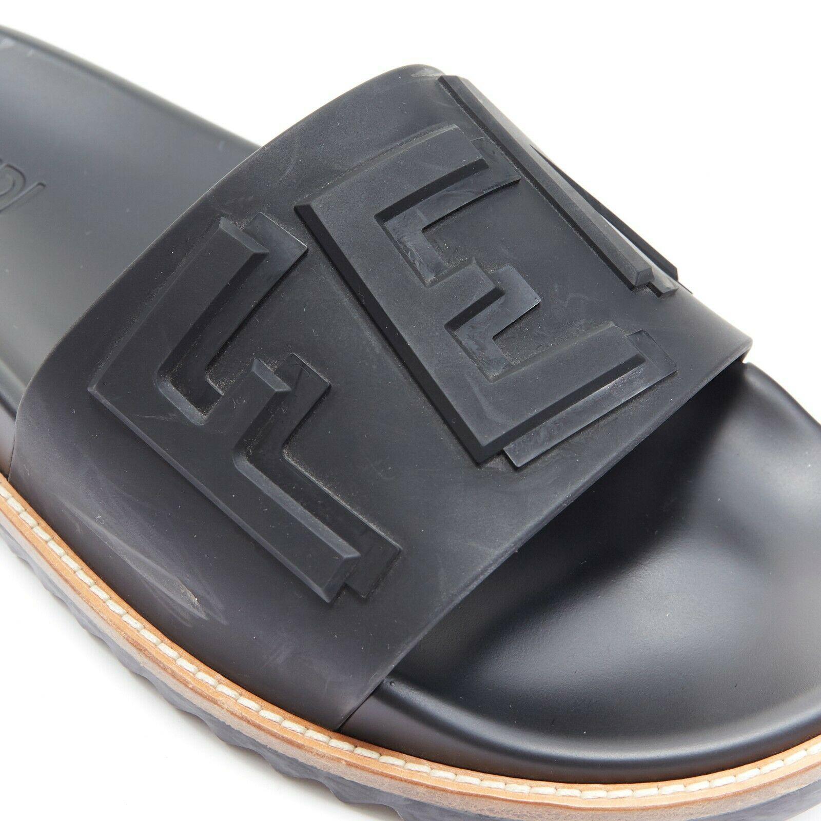 FENDI black logomania deboss branding rubber thick strap ridged sole slides EU43 1