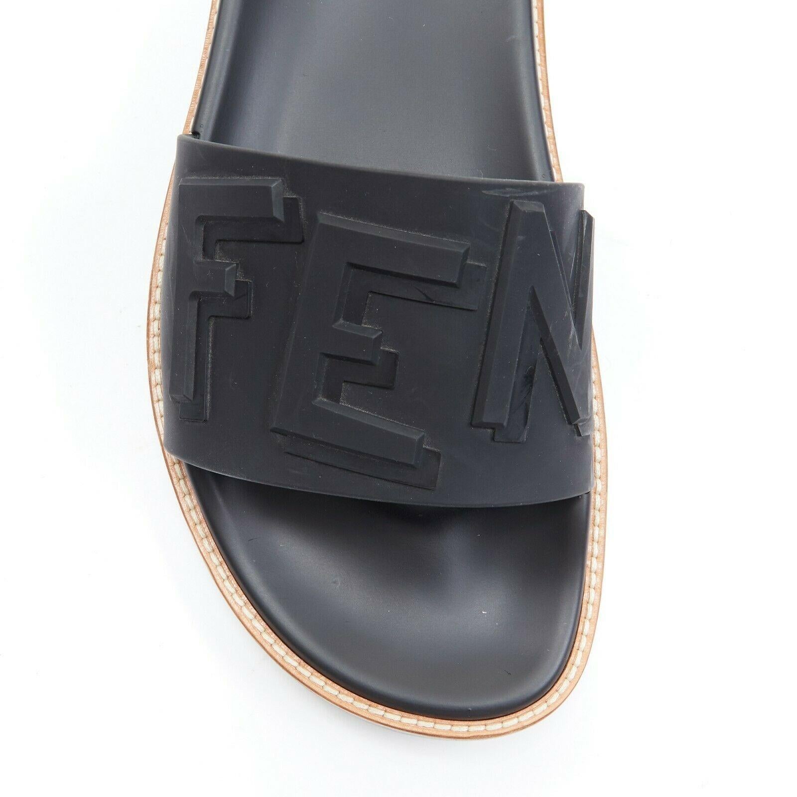 FENDI black logomania deboss branding rubber thick strap ridged sole slides EU43 2