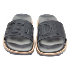 FENDI black logomania deboss branding rubber thick strap ridged sole slides EU43