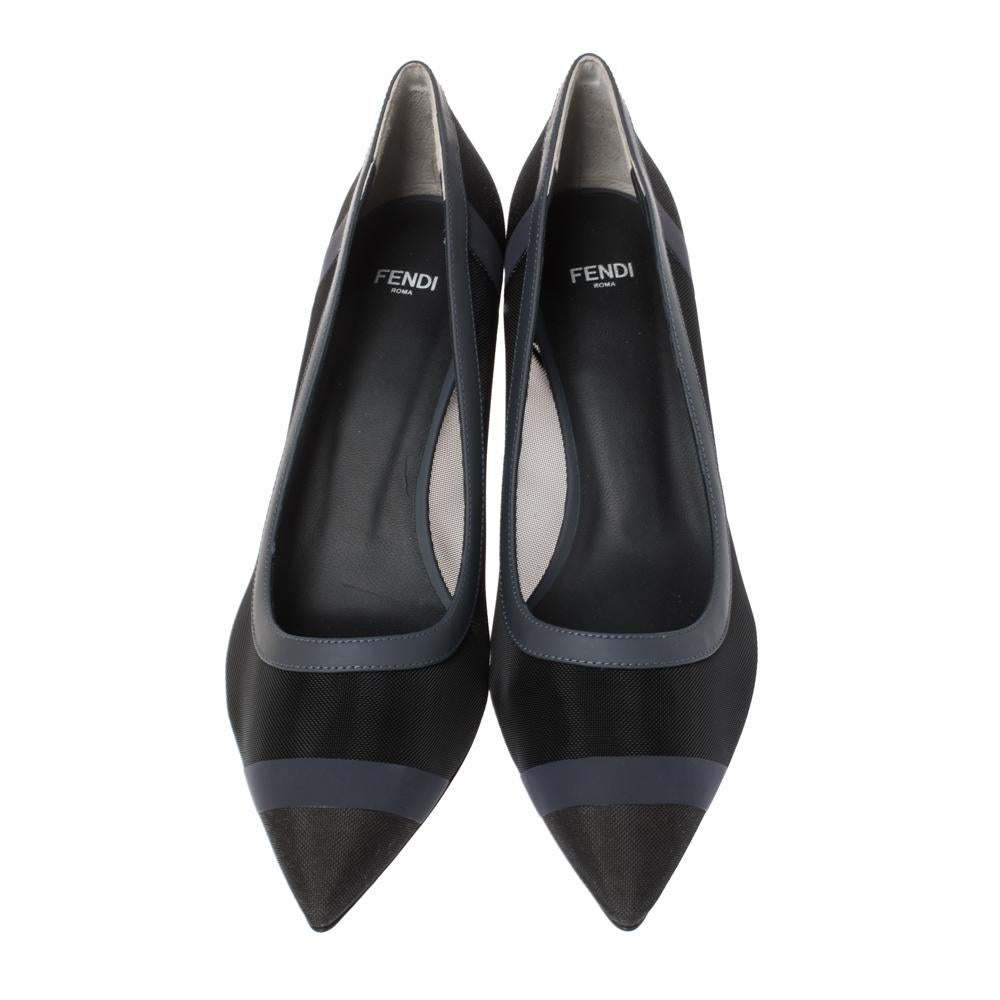 Crafted out of black mesh and blue leather trims, these Fendi Colibrì pumps are charming enough for you to own them. They feature pointed toes and come endowed with comfortable leather-lined insoles and 6 cm heels.

Includes: Original Dustbag,