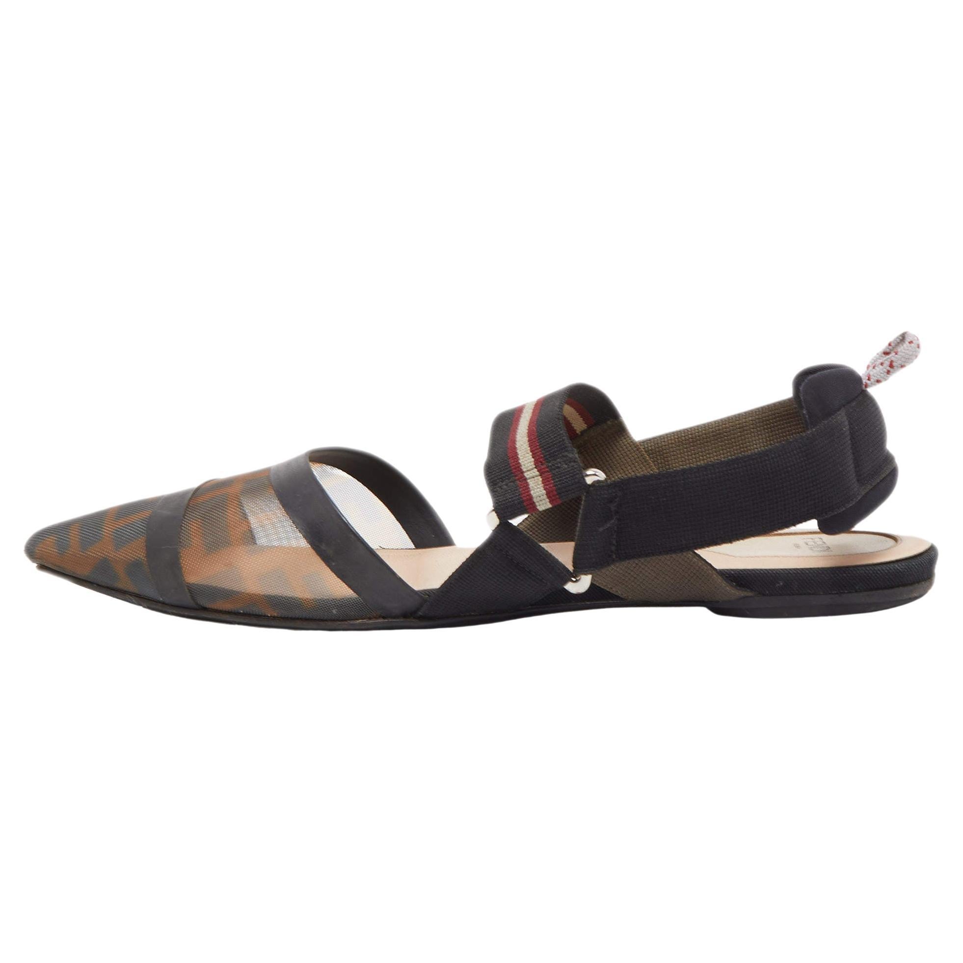 Fendi Black Mesh and Fabric Colibri Slingback Flat Sandals Size 40