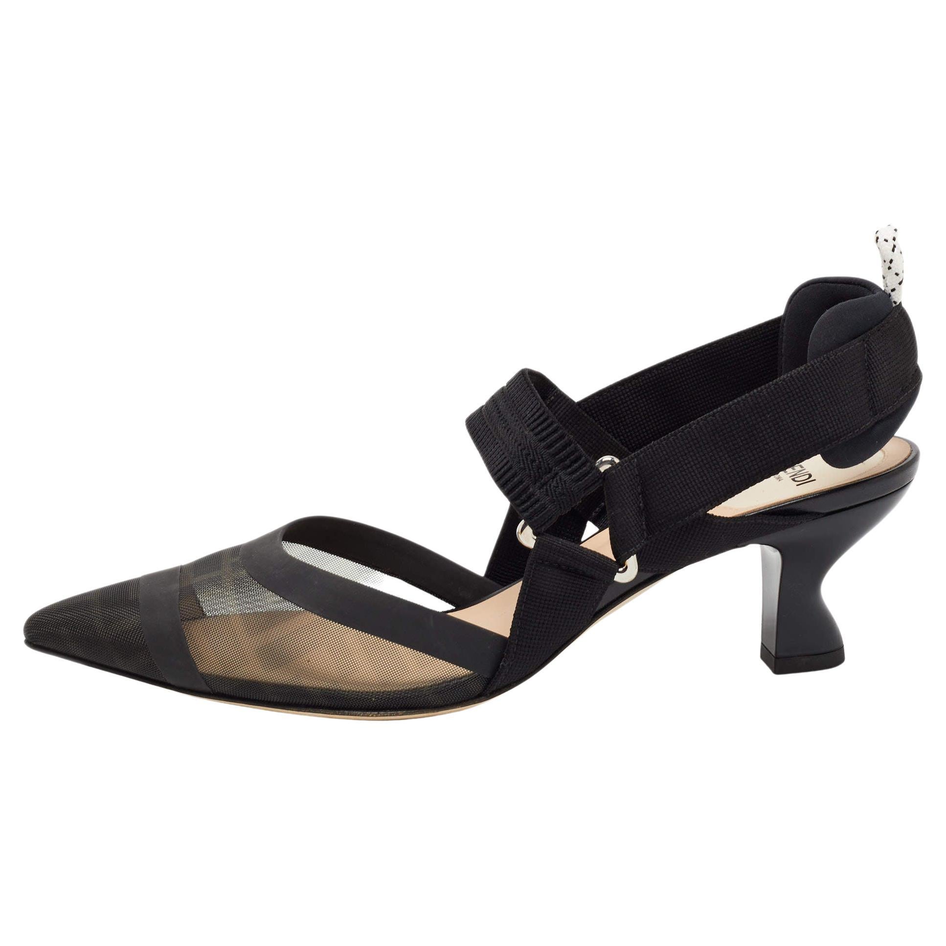Fendi Black Mesh and Leather Colibri Slingback Pumps Size 39