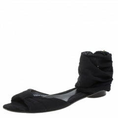 Fendi Black Mesh and Suede Bow Open Toe Flat Sandals Size 38.5